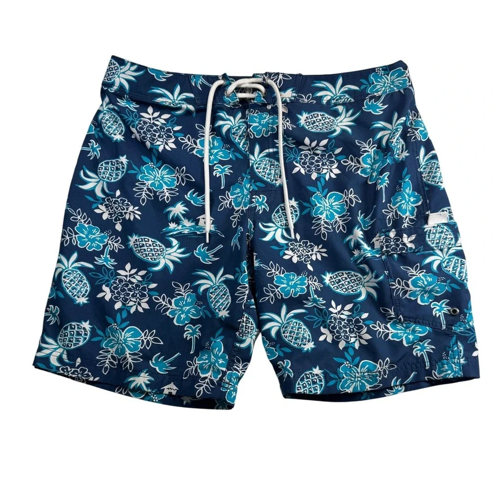 J.Crew Flex Swimwear Mens 34 Board Shorts Navy Blue Pineapple Floral Swim Trunks